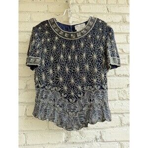 Vintage Papell Boutique Evening Top Beaded 100% Silk Navy Silver Beads- Size 16